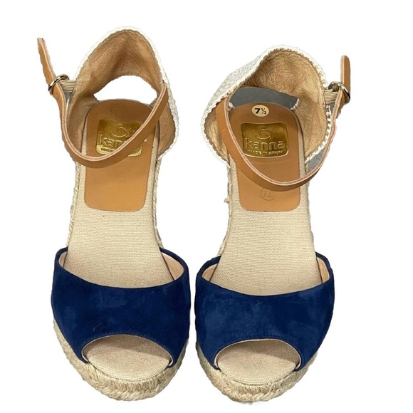 Kanna Women's Ankle Strap Wedge Espadrille Open Toe Navy  Blue Suede/Tan  Sz 7.5 - Picture 1 of 7